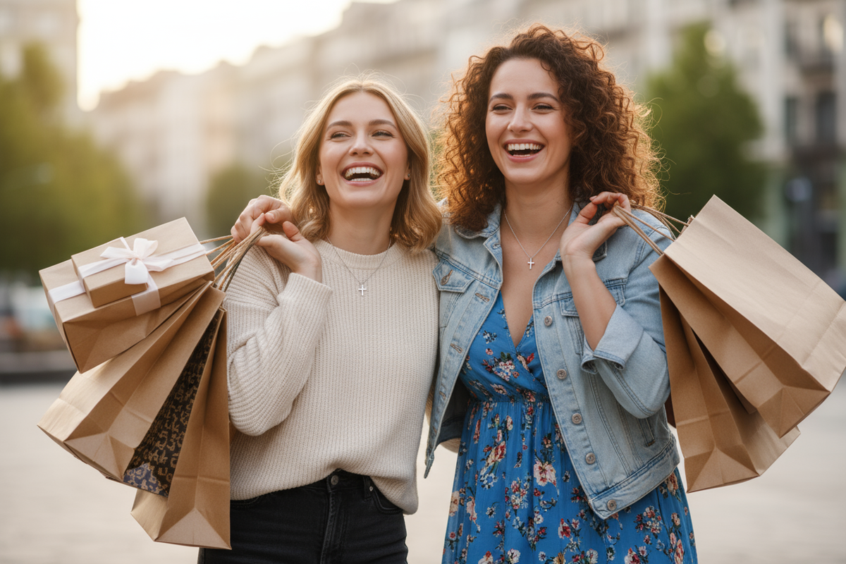 women hugging and happy smiling wearing crosses around their necks and like they just got done shopping